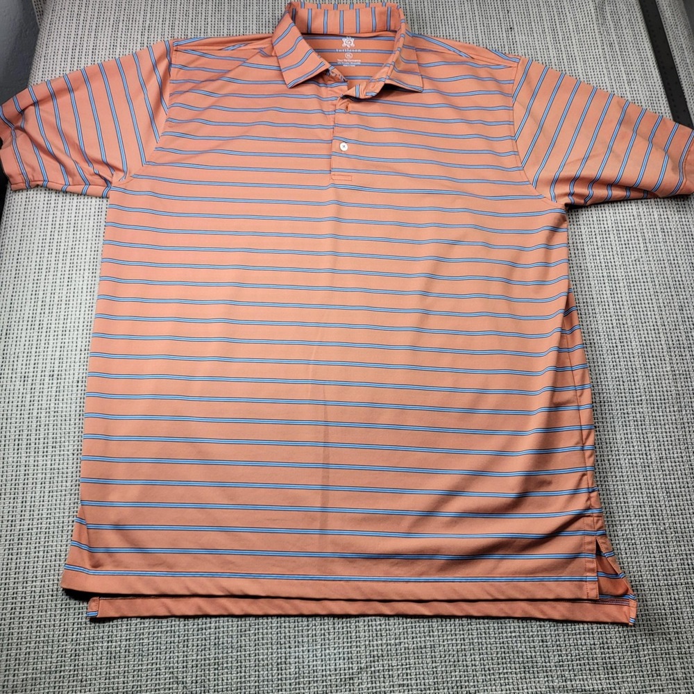 Turtleson Polo Shirt Mens XL Orange Blue Stripe Golf Short Sleeve Stretch Knit